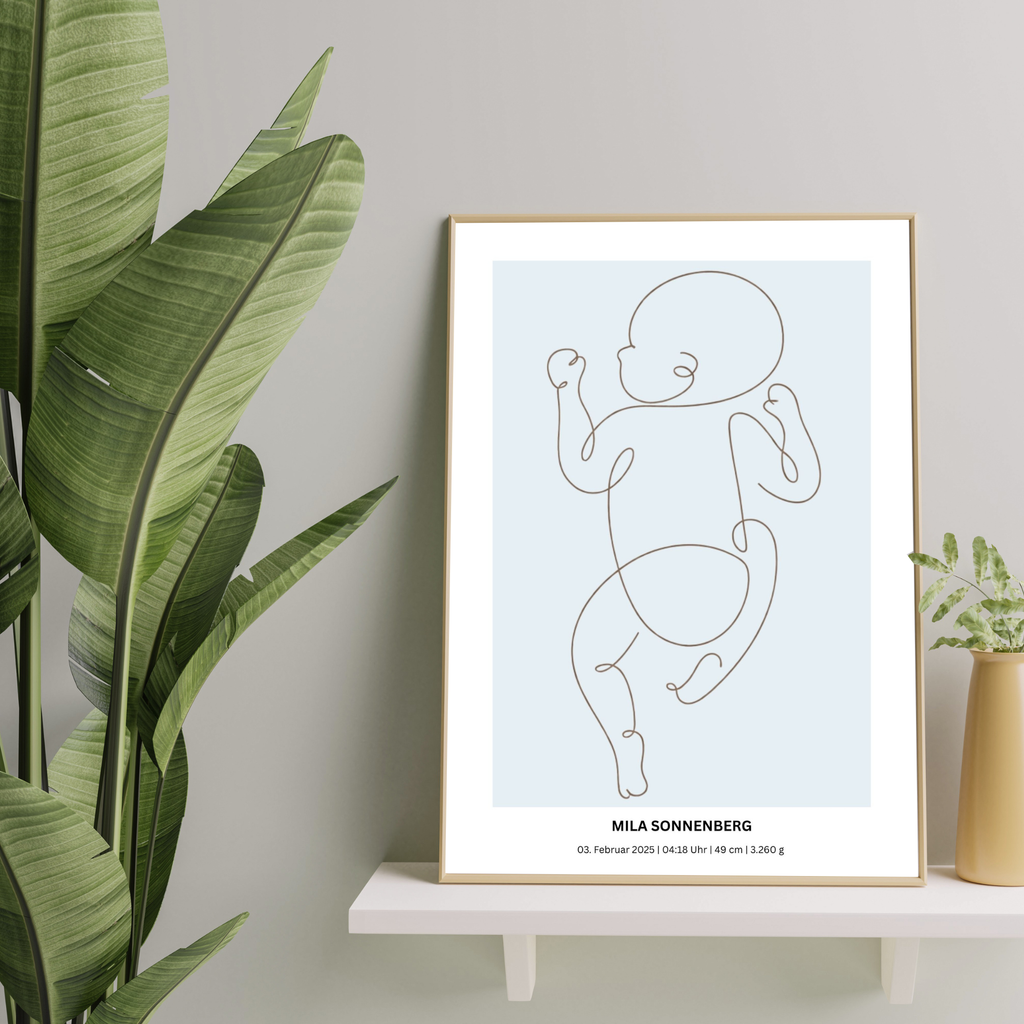 Personalisiertes Geburtsposter Baby – Fineline Illustration mit Geburtsdaten