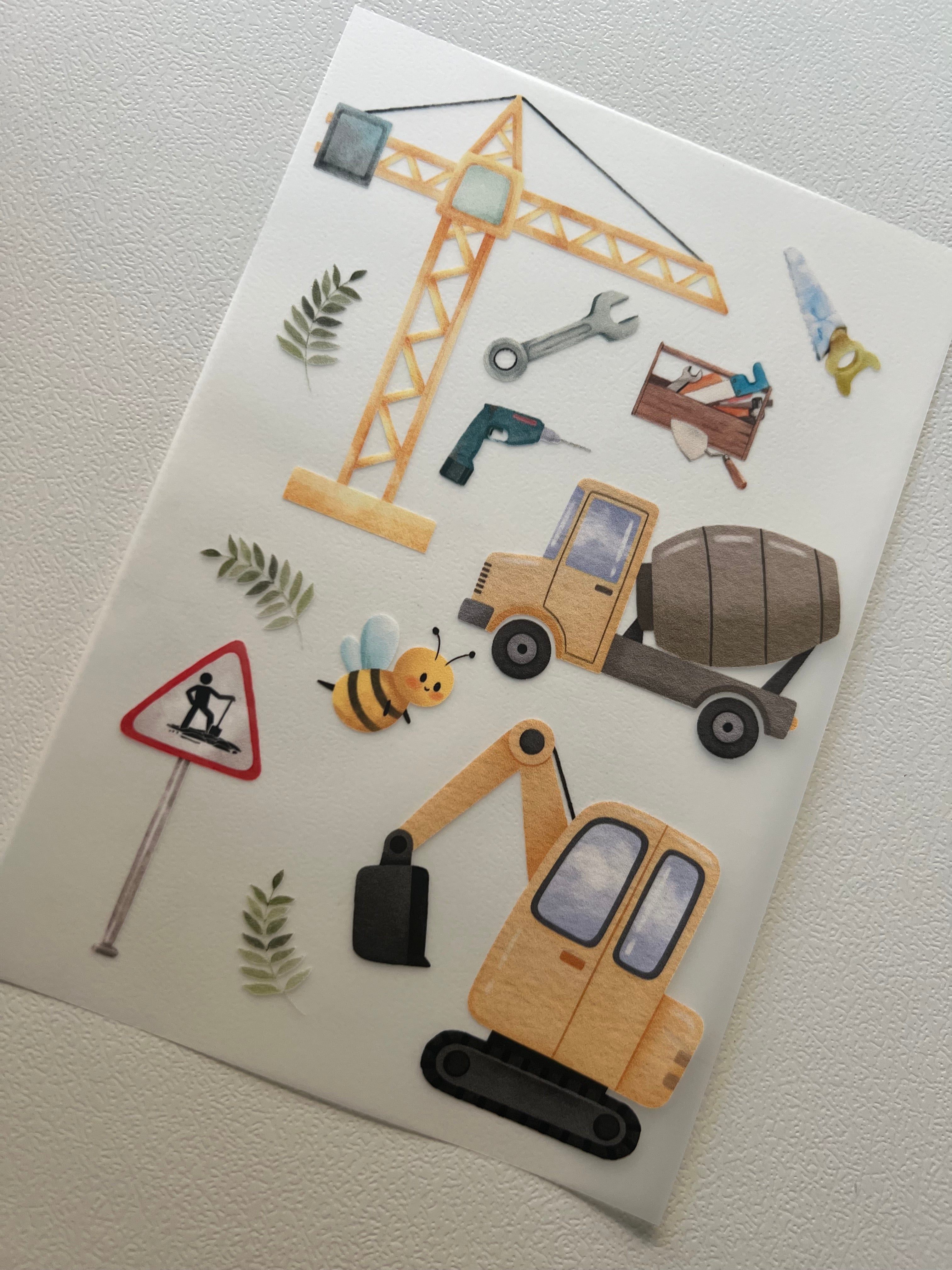 Baustelle Bügelbild | Aufbügler Bagger Kran Betonmischer Kinder | A5