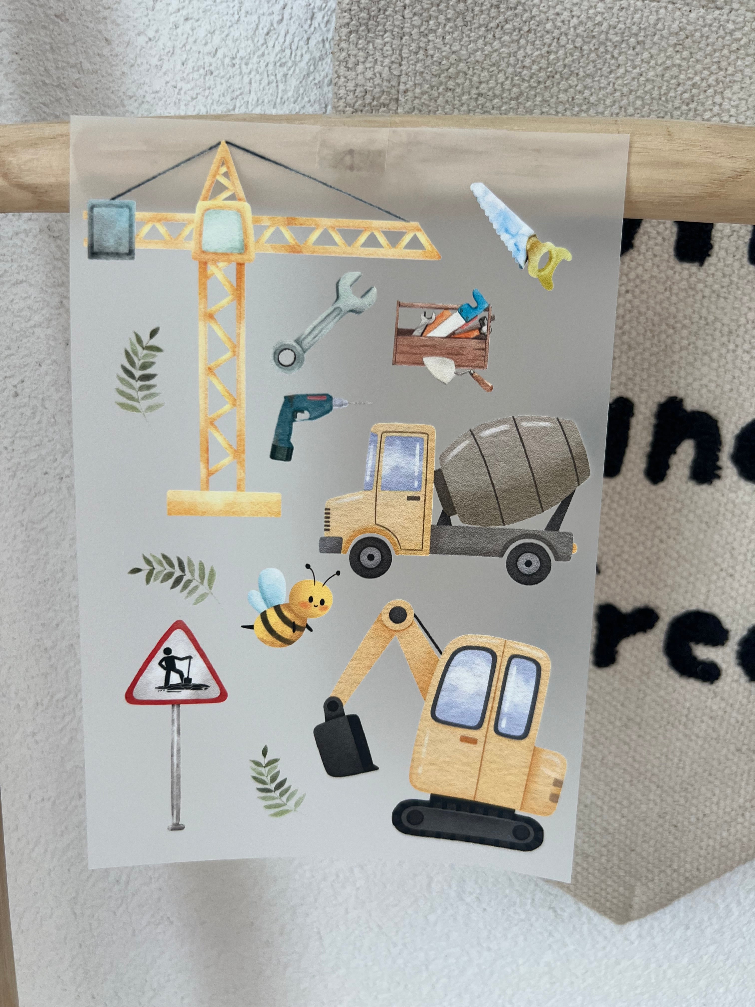 Baustelle Bügelbild | Aufbügler Bagger Kran Betonmischer Kinder | A5
