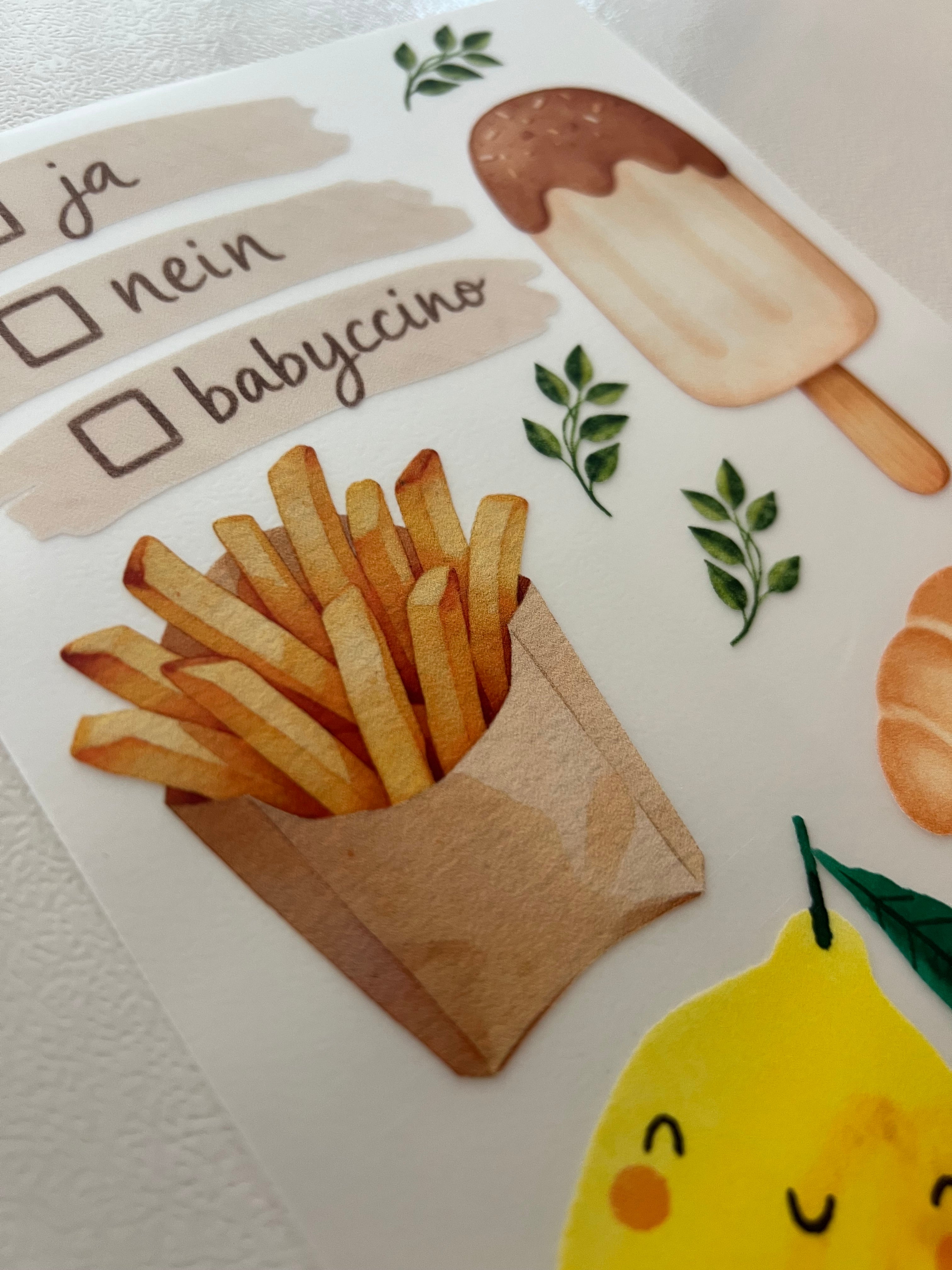 Babyccino Bügelbild | Aufbügler Pommes Eis Croissant Zitrone Kinder | A5