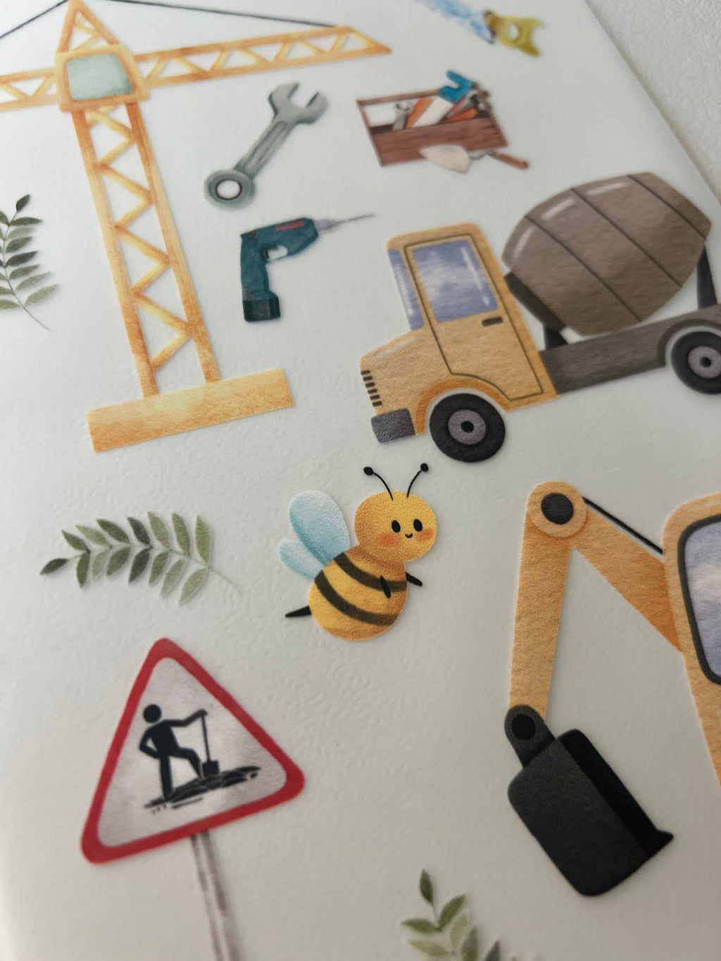 Baustelle Bügelbild | Aufbügler Bagger Kran Betonmischer Kinder | A5