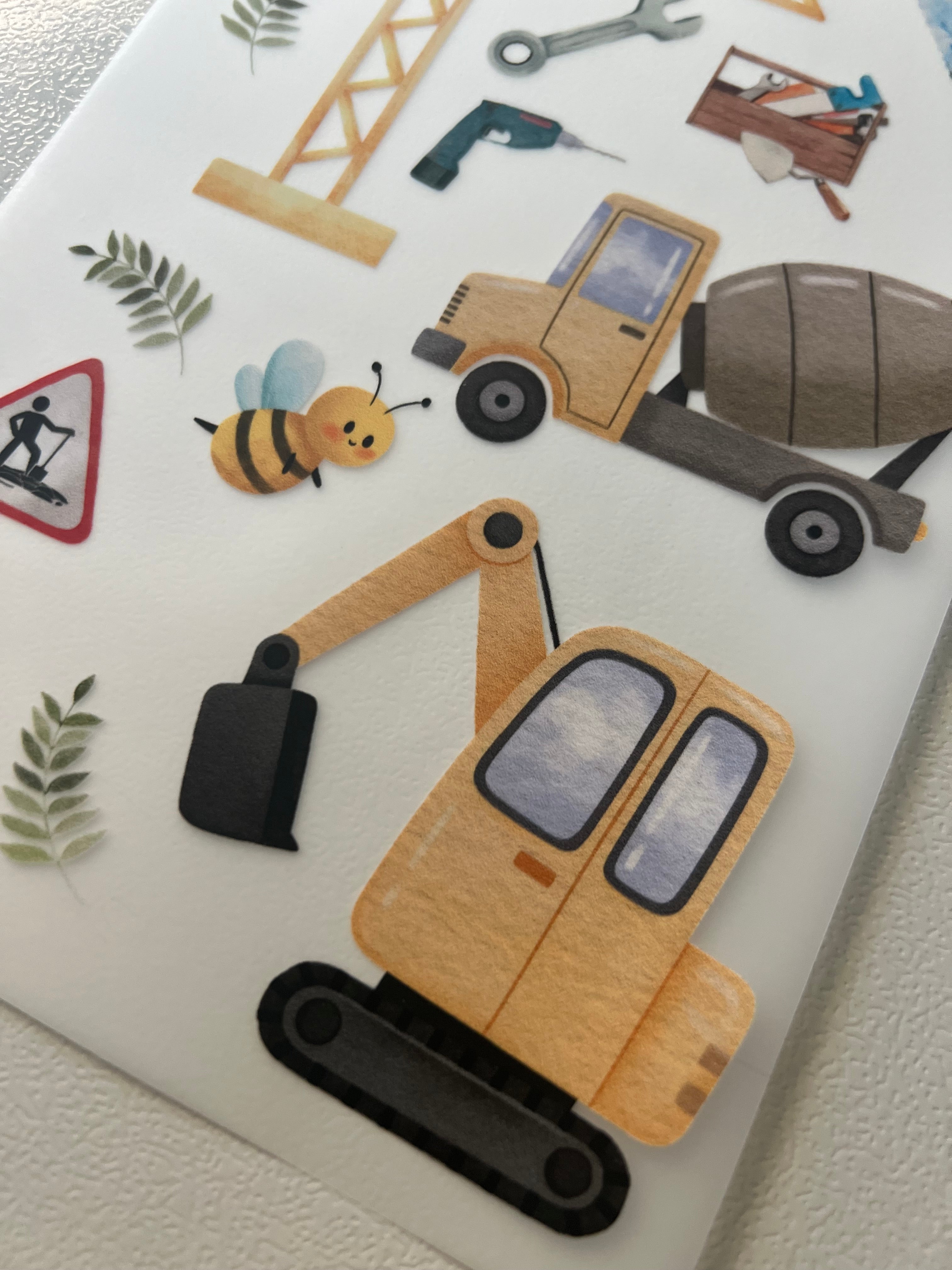 Baustelle Bügelbild | Aufbügler Bagger Kran Betonmischer Kinder | A5