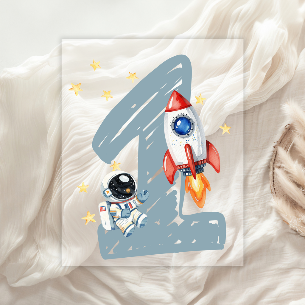 Weltraum Geburtstag Bügelbild Zahl 1–4 • Astronaut Rakete Kinder