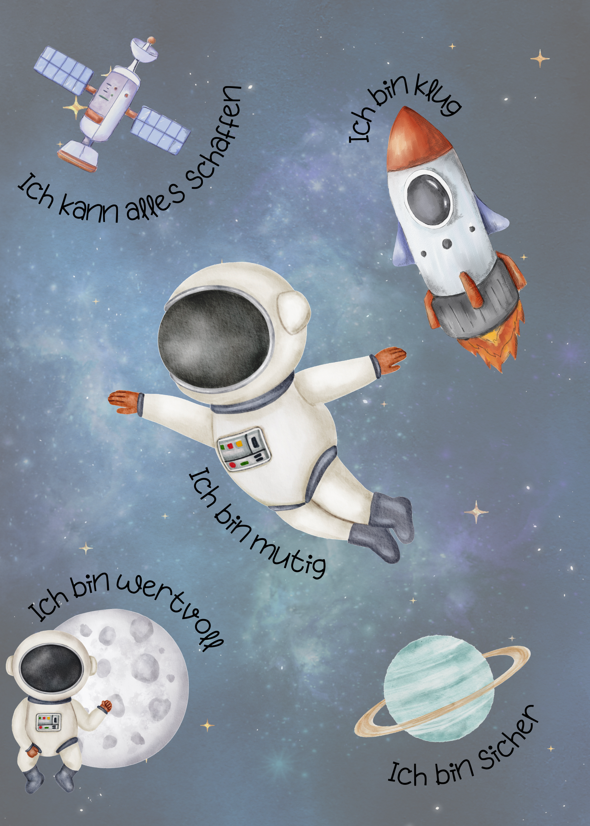 Kinderposter Affirmationen Weltraum – Astronaut Poster für Kinderzimmer A4